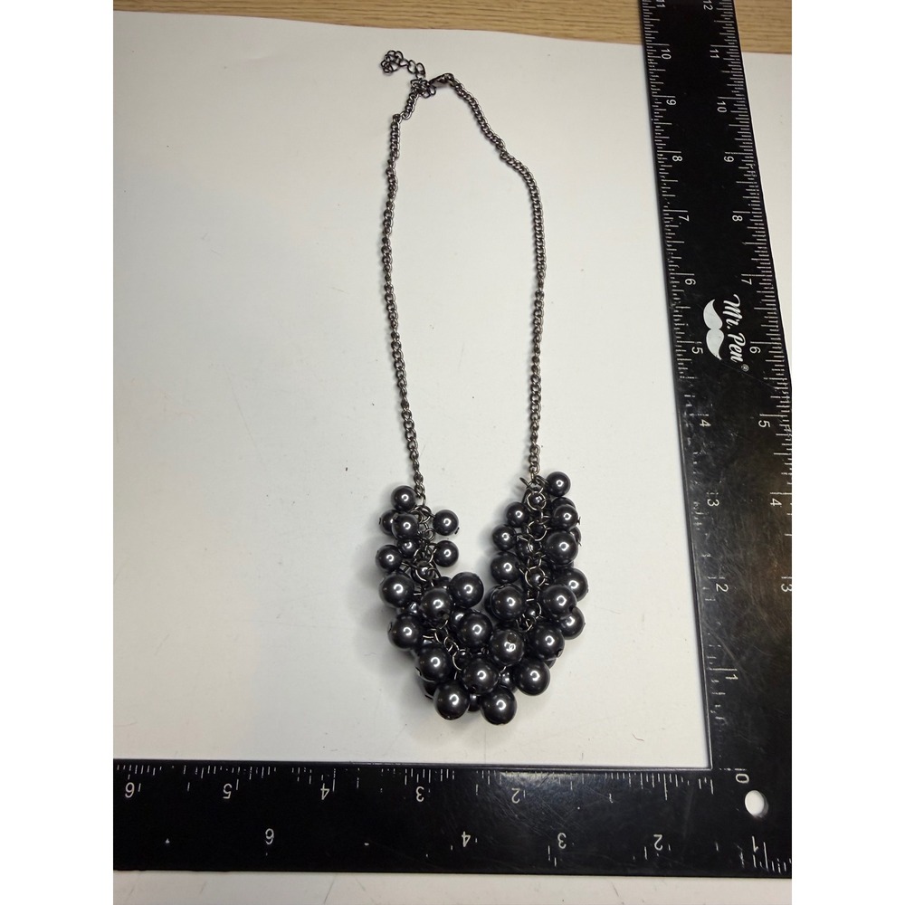 Gunmetal Grey Faux Pearl Cluster Statement Bib Necklace Dark Metallic Chain